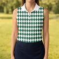 Green And White Argyle Pattern Retro Golf Shirt, Women's Golf Tops, Ladies Golf Polos, Ladies Golf Shirts