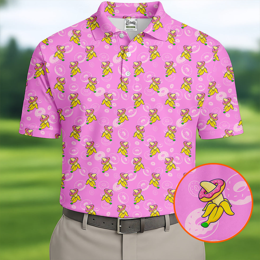 Banana And Donut Dirty Naughty Fun Golf Shirts For Men, Valentines Golf Gift, Hot Pink Color Polo Shirts For Men
