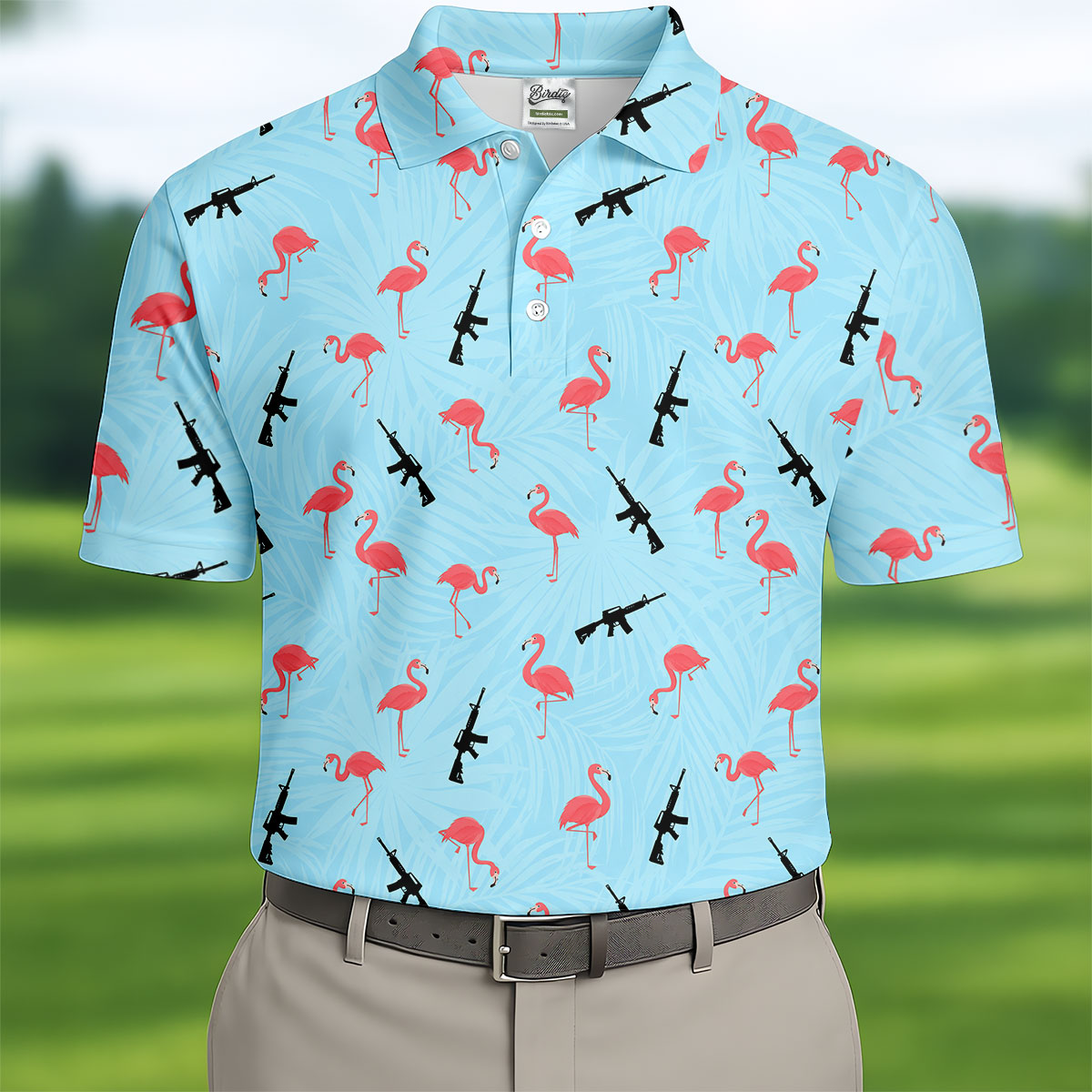 Light Blue Flamingo Pattern Golf Polo Shirt, Men's Golf Shirt, Golf Polo Shirts For Men