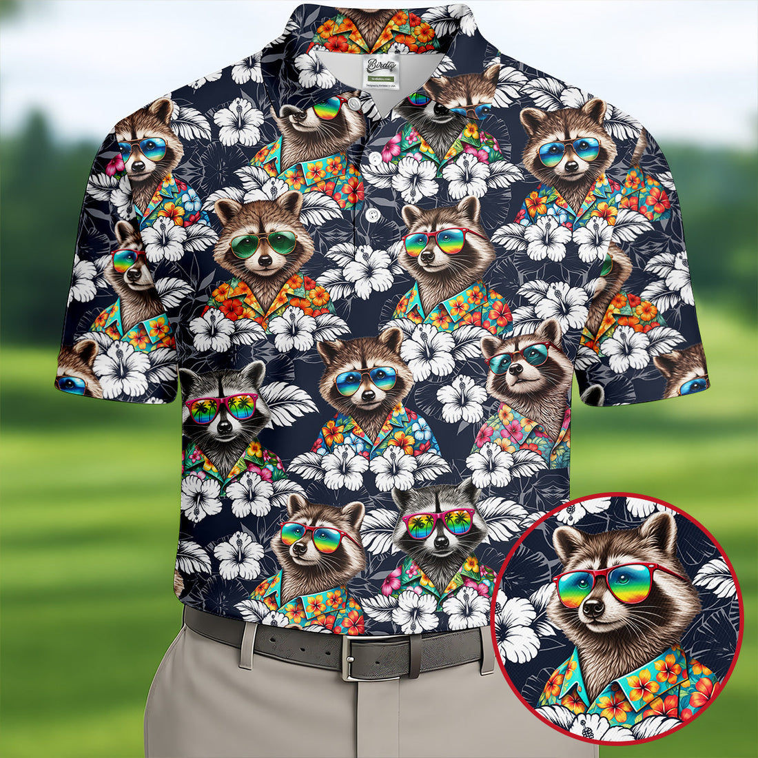Cool Raccoons in Rainbow Sunglasses Hawaiian Golf Polo, Golf Tops For Men, Golfing Apparel