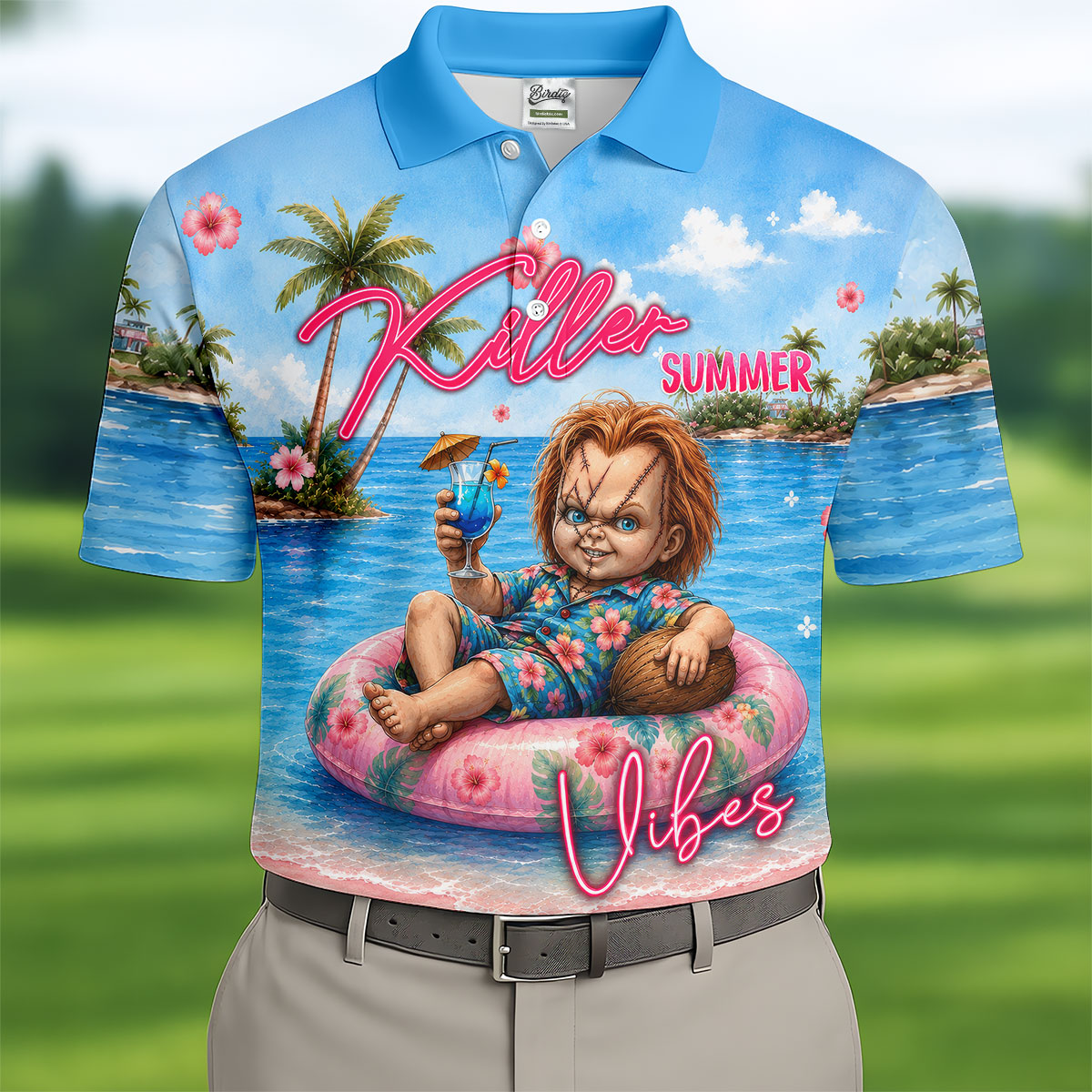 Killer Summer Vibes Evil Doll Golf Polo Shirt, Golf Shirts For Men, Mens Polo Shirts