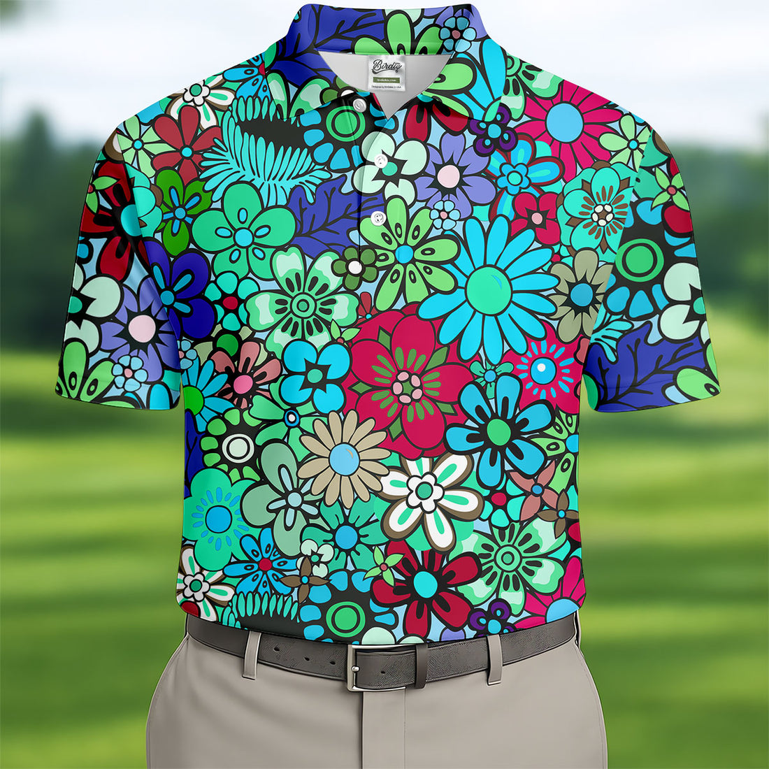 Blue Green Retro Flower Power Golf Shirt, Mens Golf Shirts, Hawaiian Golf Shirt, Golf Shirts For Men