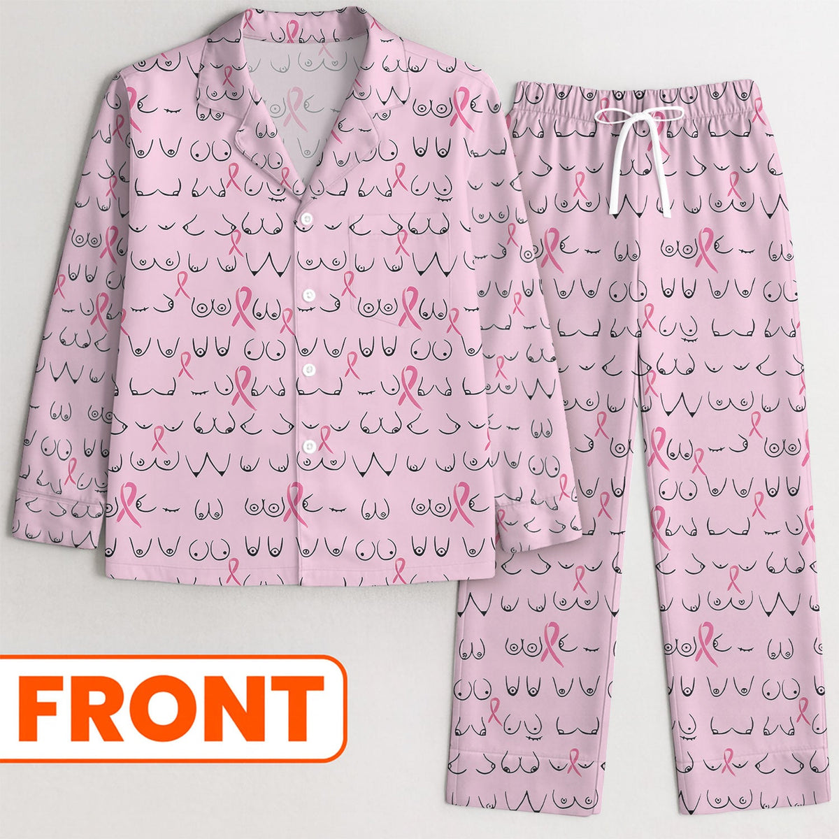 Funny Breast Cancer Pajama Set Long Sleeve, Pink Pajama Set, Breast Cancer Awareness Pajama