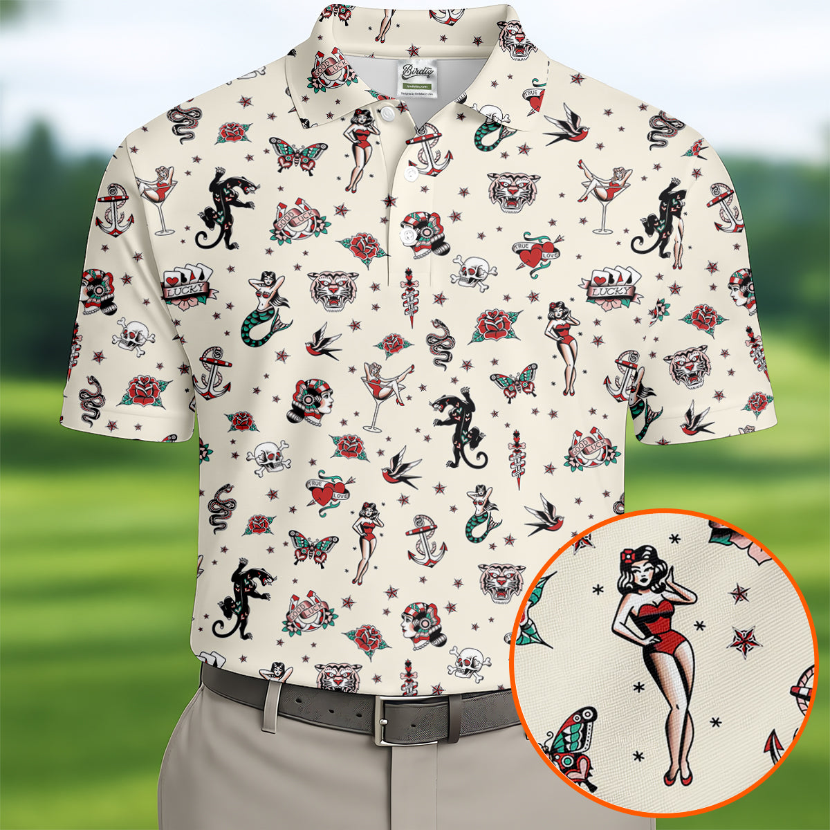 Old School Tattoo Flash Pattern Golf Polo Shirt, Men's Golf Shirt, Printed Golf Shirts