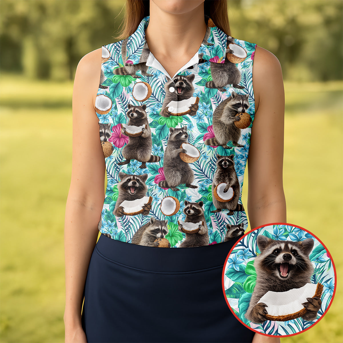 Funny Raccoons Enjoying Coconuts Design Hawaiian Golf Polo, Golf Tops For Women, Golfing Apparel