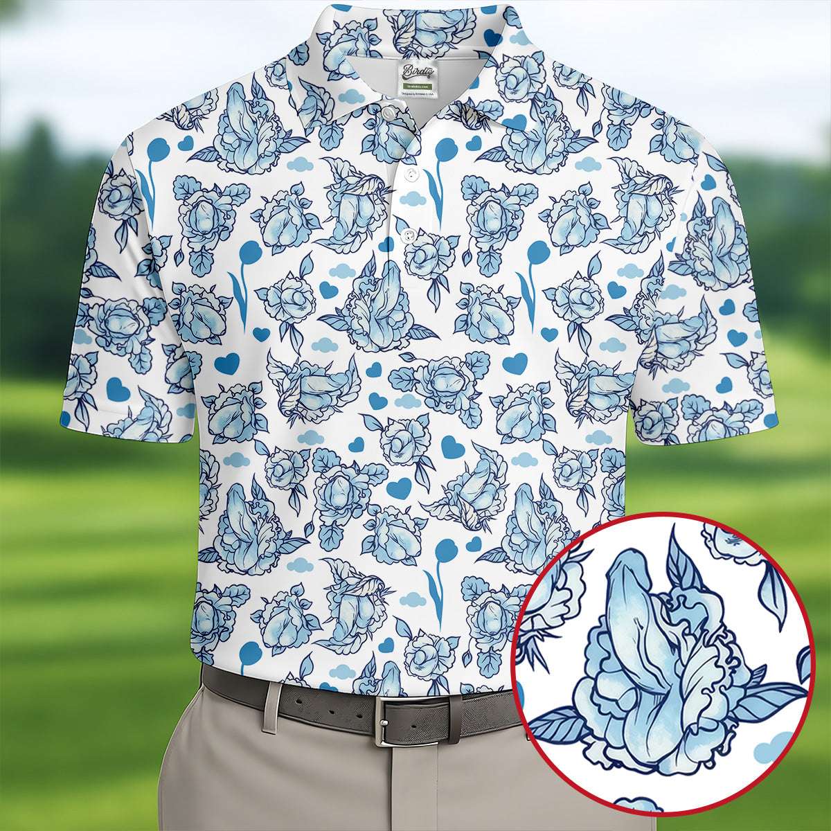 Funny Blue Rose Floral Pattern Men's Golf Shirt, Dirty Humor Polo Shirts For Men, Printed Golf Shirts