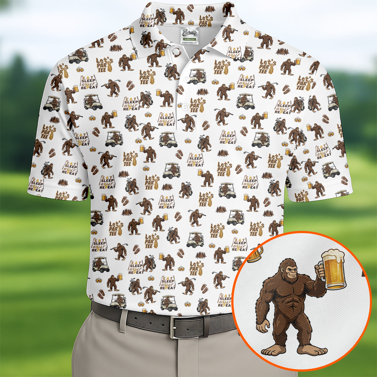 Let's Par Tee Bigfoot Golf Pattern Men's Golf Shirt, Golf Apparel For Men, Printed Golf Shirts