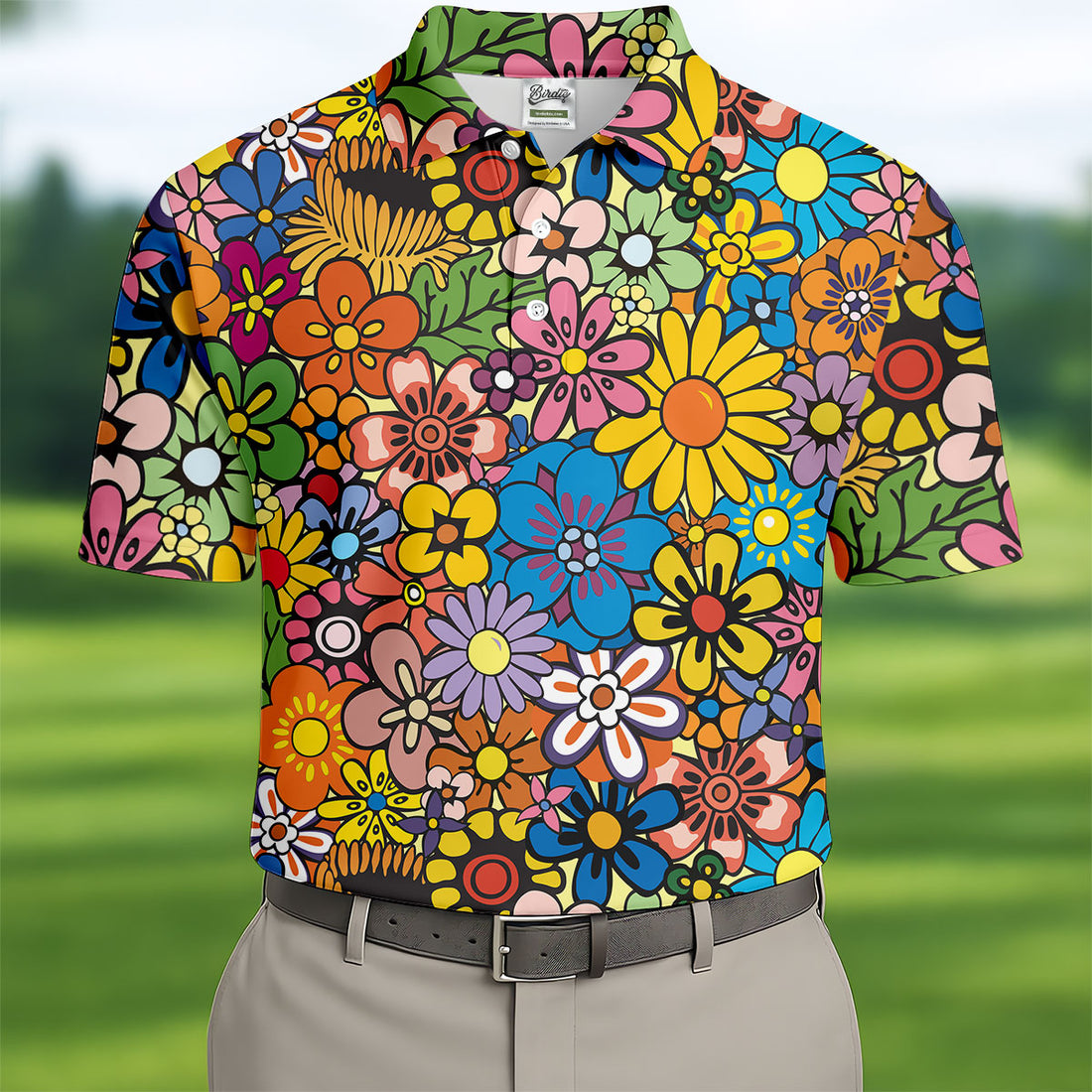 Multicolor Retro Flower Power Golf Shirt, Mens Golf Polo, Hawaiian Golf Shirt, Golf Apparel For Men