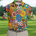 Multicolor Retro Flower Power Golf Shirt, Mens Golf Polo, Hawaiian Golf Shirt, Golf Apparel For Men