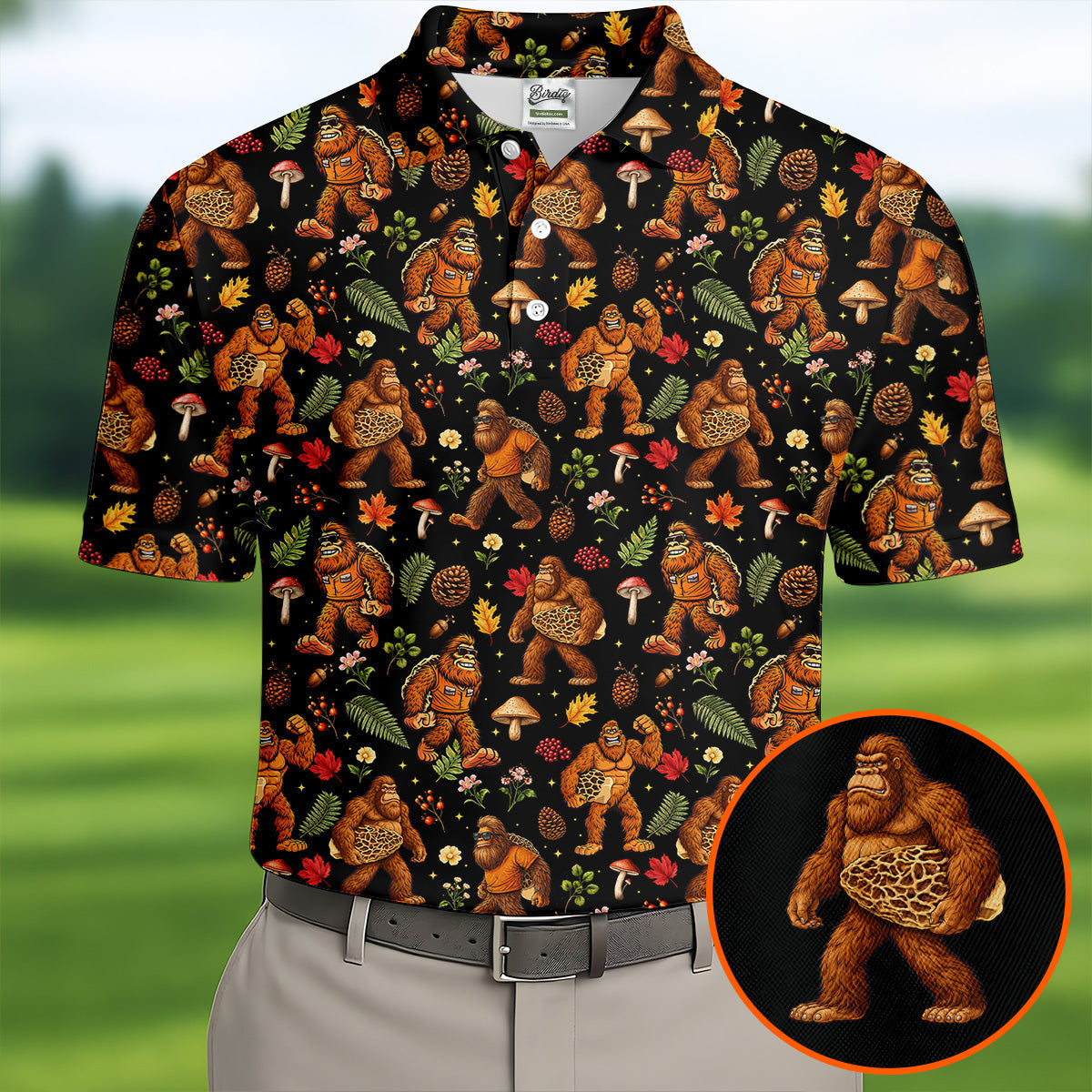 Autumn Bigfoot Forest Pattern Polo Shirt, Mens Golf Apparel, Hawaiian Golf Shirt, Printed Golf Shirts