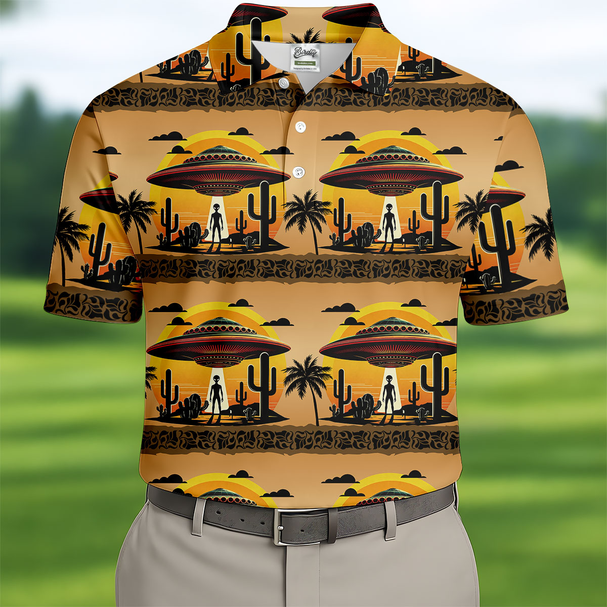 UFOs, Aliens and Cactus Desert Scene Hawaiian Golf Polo, Golf Tops For Men, Golfing Apparel