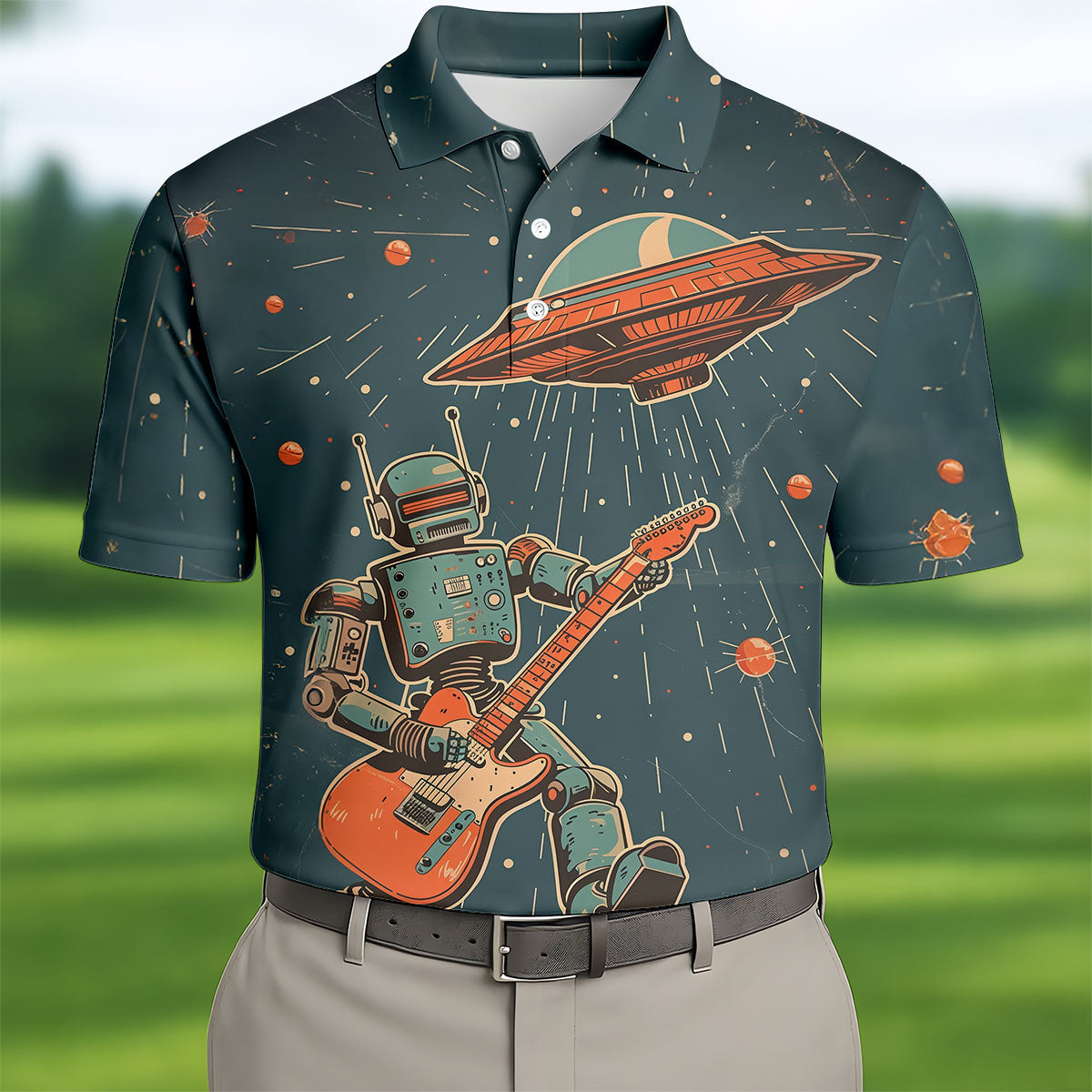 Robot UFO Sleeveless Golf Shirt, Cute Golf Outfit, Mens Polo Shirts, Golf Shirts For Men