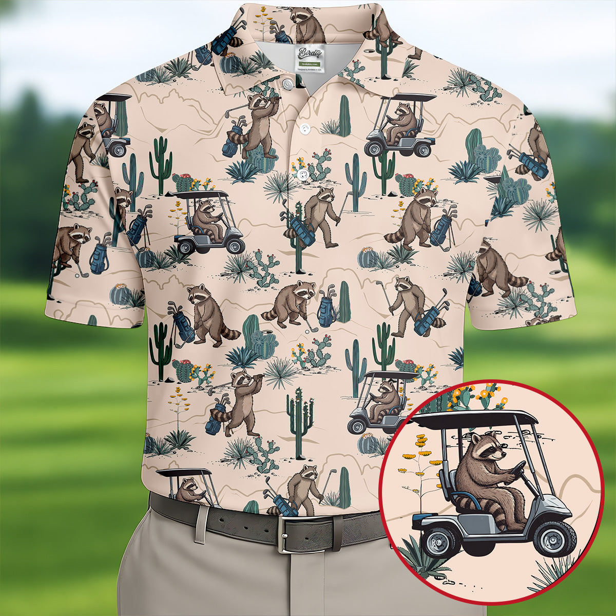 Funny Raccoon Desert Golf Pattern Polo Shirt, Mens Golf Polo, Printed Golf Shirts