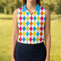 Retro Argyle Diamond Checkered Golf Shirt, Golf Polo For Women, Printed Golf Shirt