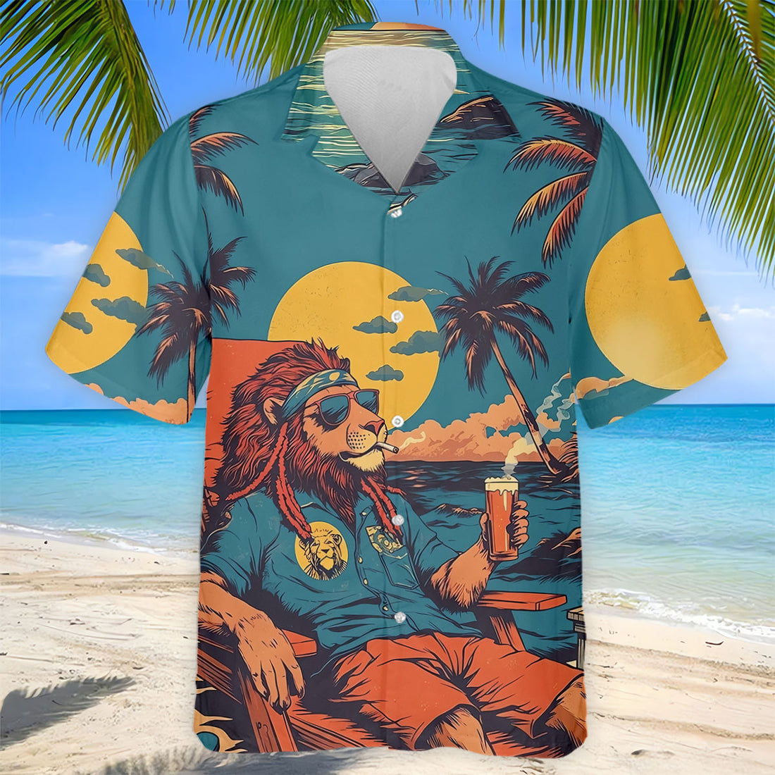 Beach Vibes Lion Sunset Teal Hawaiian Golf Polo, Golf Tops For Men, Golfing Apparel