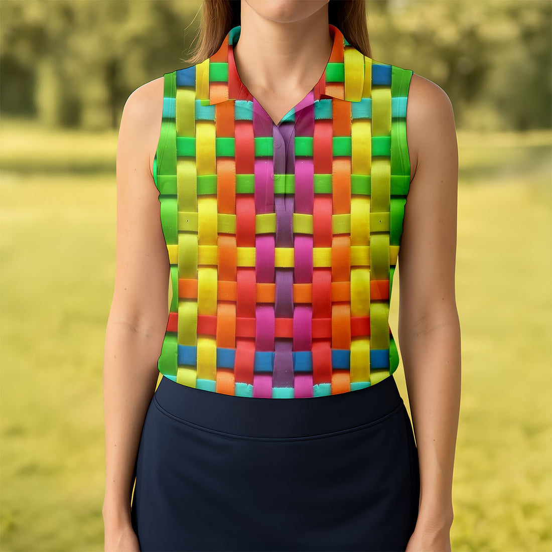 Colorful Interlaced Ribbon Pattern Hawaiian Golf Polo, Golf Tops For Women, Golfing Apparel