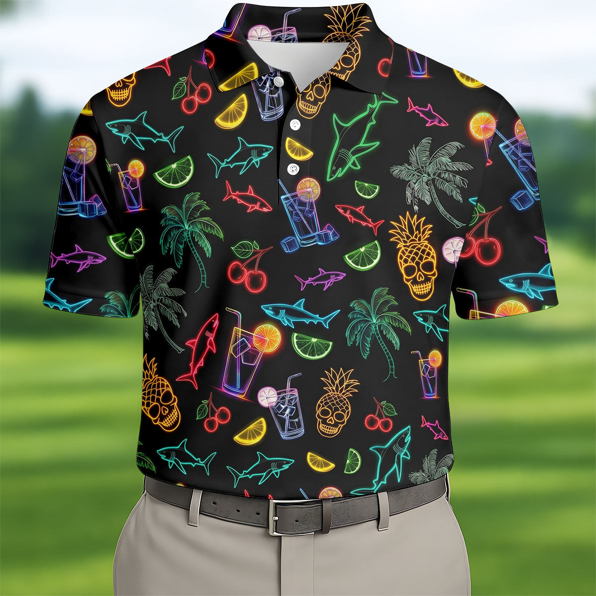 Neon Shark And Cocktail Pattern Hawaiian Golf Shirt, Men's Golf Shirt, Polo Shirts For Men