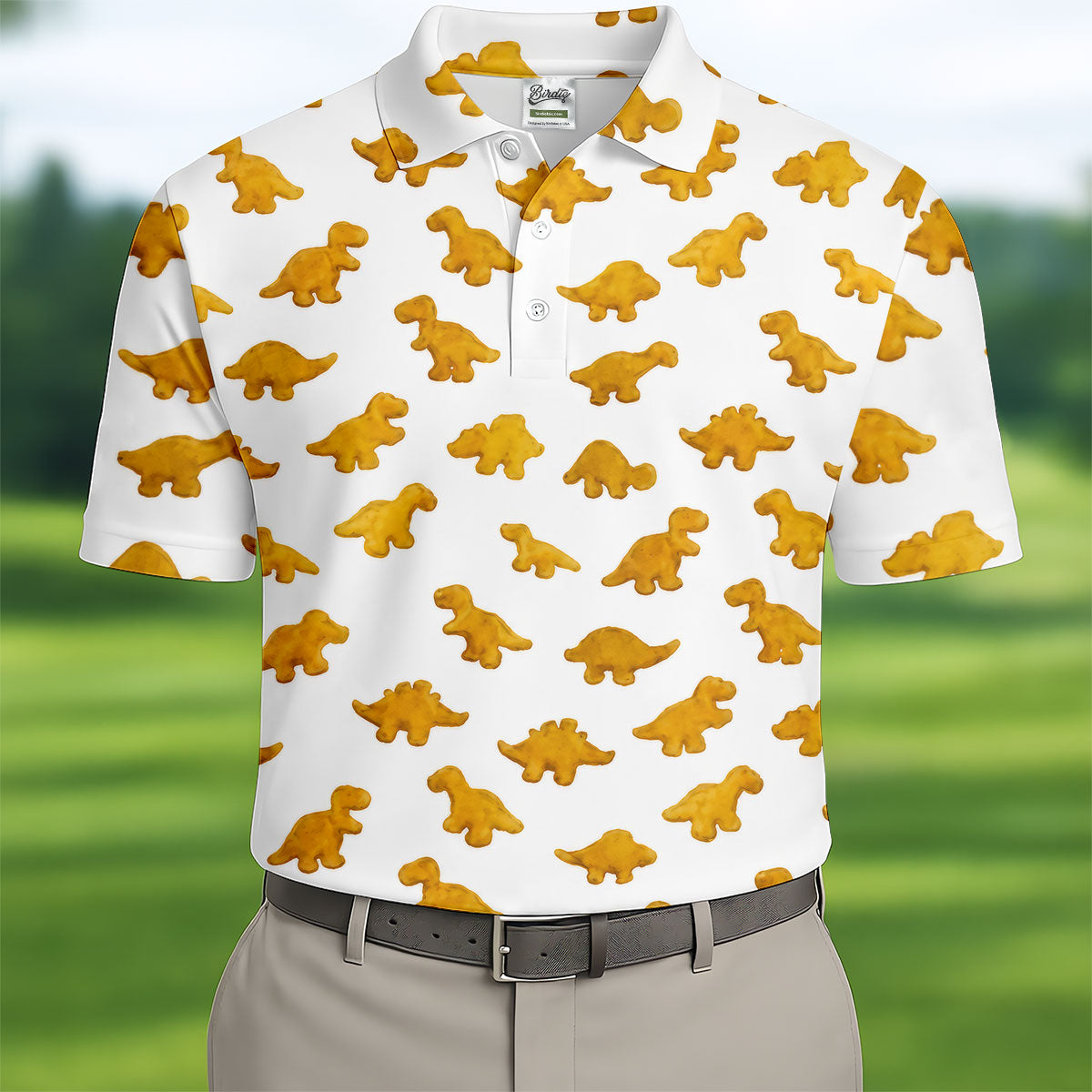 Cute Dinosaur Cookie Pattern Men's Golf Shirt, Golf Shirts For Men, Printed Golf Shirts