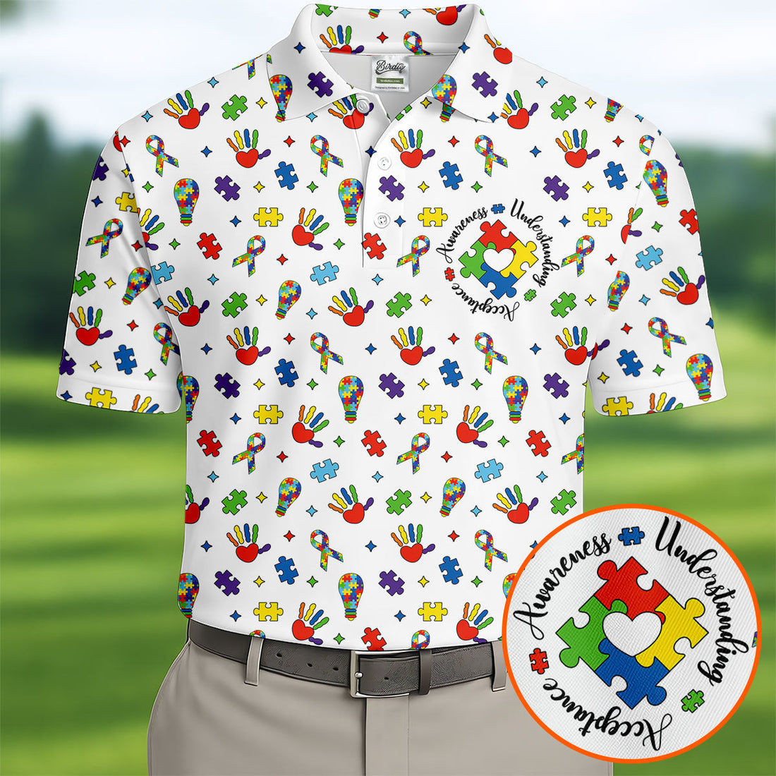 Awareness Understanding Acceptance Autism White Golf Shirt, Autism Awareness Colors Golf Shirts For Men