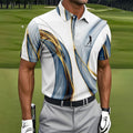Elegant Blue Gray and Gold Swirl Pattern Hawaiian Golf Polo, Golf Tops For Men, Golfing Apparel