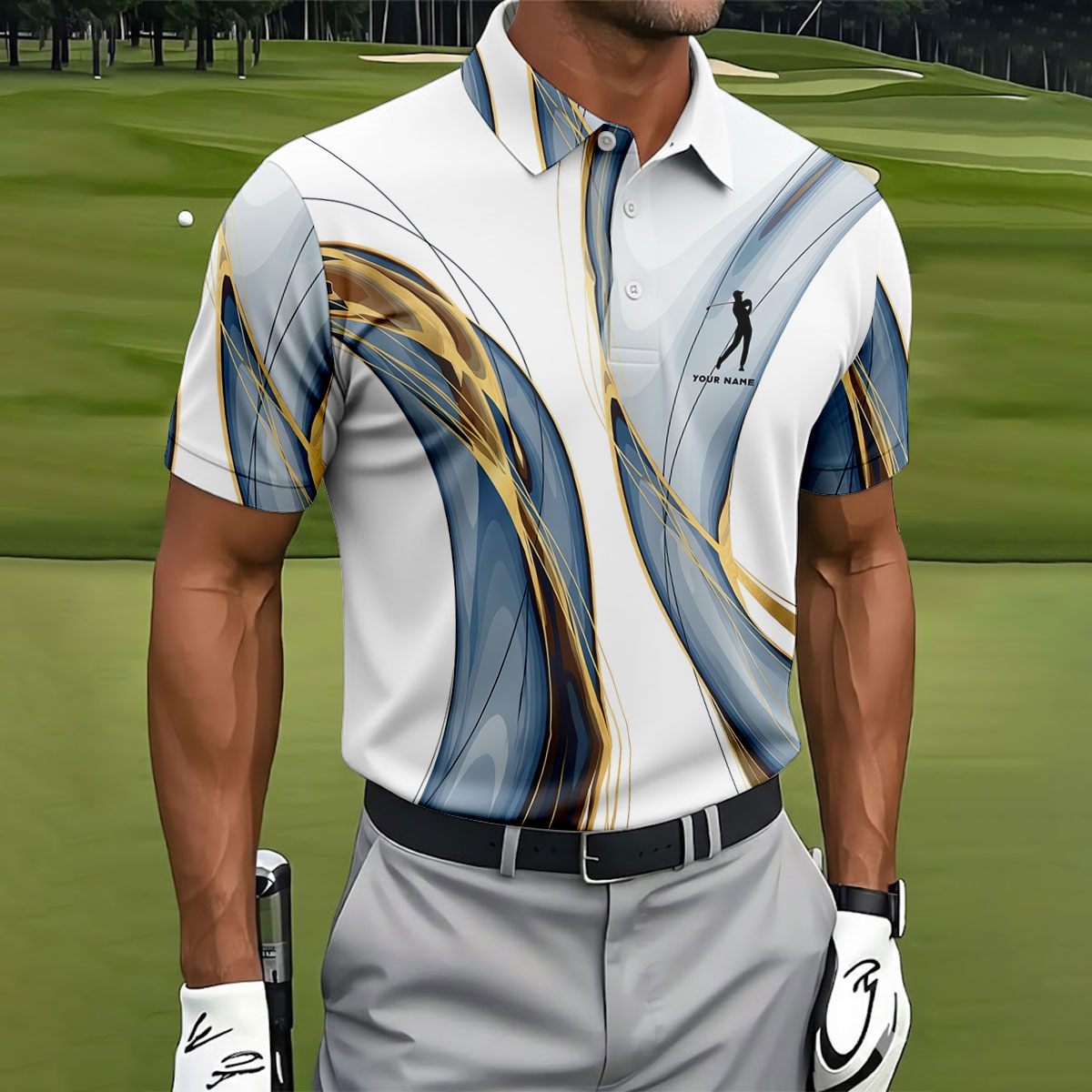 Elegant Blue Gray and Gold Swirl Pattern Hawaiian Golf Polo, Golf Tops For Men, Golfing Apparel