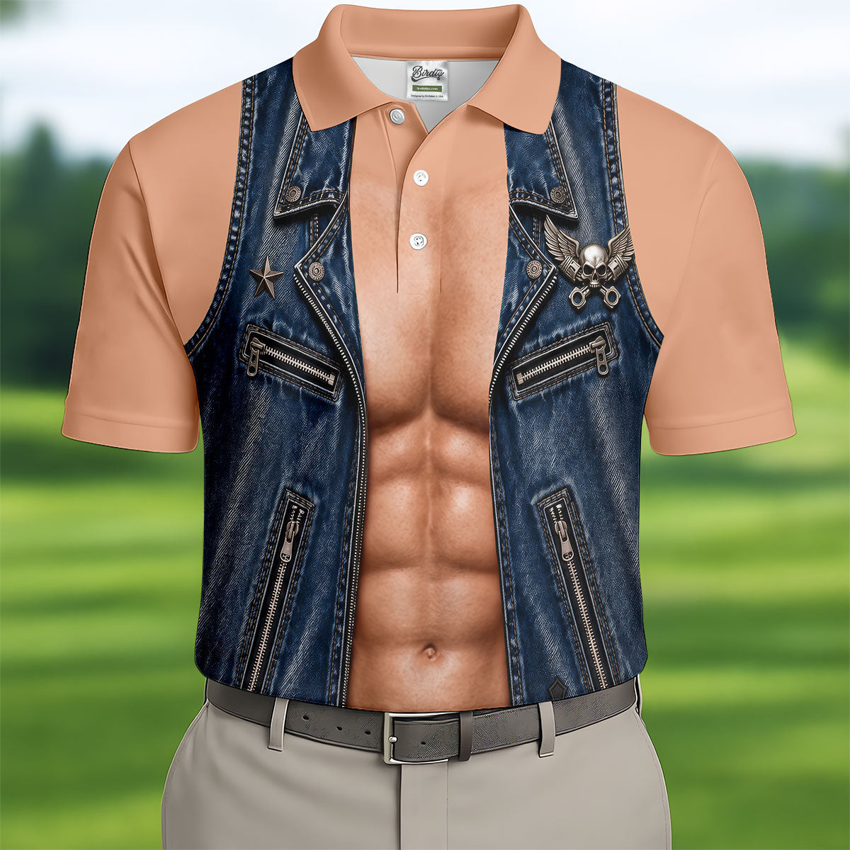 Blue Denim Vest Illusion Golf Polo Shirt, Golf Shirts For Men, Mens Golf Apparel