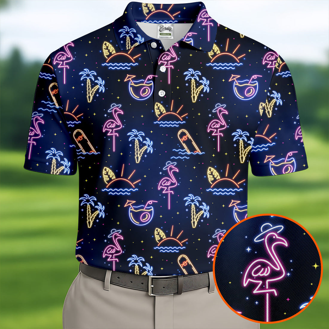 Neon Tropical Flamingo Sunset Cocktail Night Golf Polo, Hawaiian Golf Shirt, Polo Shirts For Men