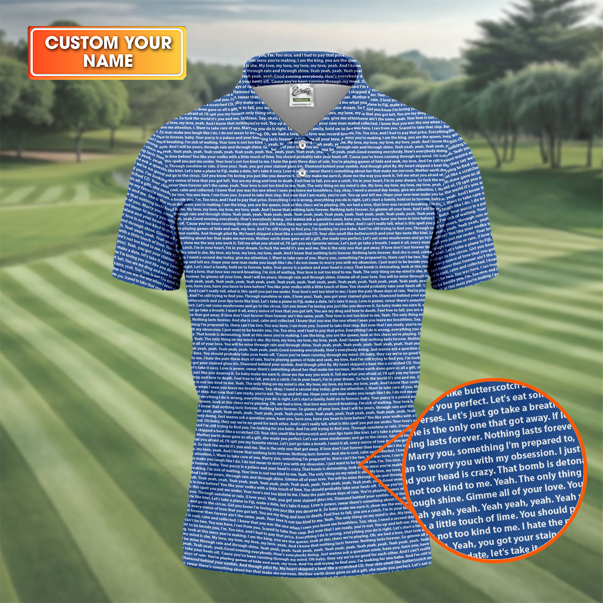 Blue Text Pattern Golf Polo Shirt, Golf Polo Shirts For Men, Mens Golf Apparel