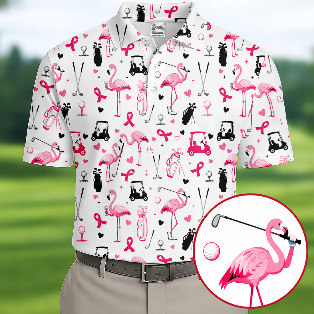 Pink Flamingo Golf Pattern Breast Cancer Polo Shirt, Hawaiian Shirts For Men, Mens Golf Polo