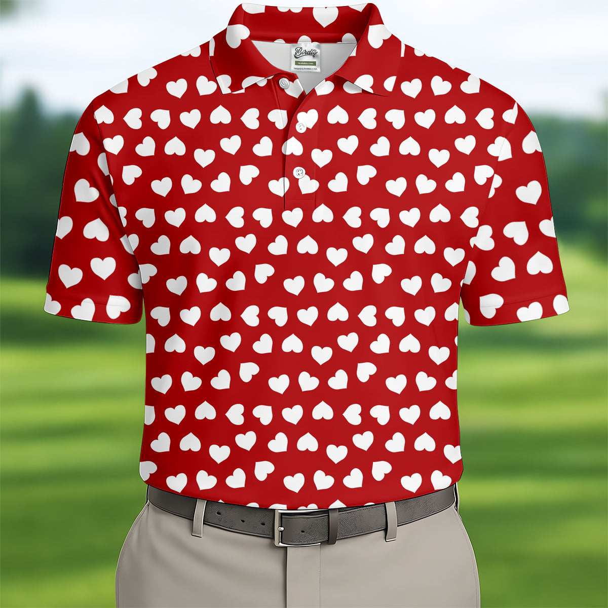 White And Red Heart Pattern Golf Tops For Men, Valentine Golf Gift, Polo Shirts For Men, Golf Gift For Men