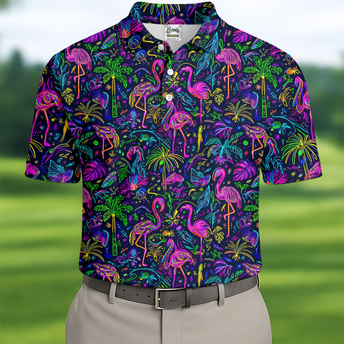 Neon Flamingo Tropical Golf Shirt, Men’s Golf Shirt, Hawaiian Golf Shirt, Golf Shirts For Men