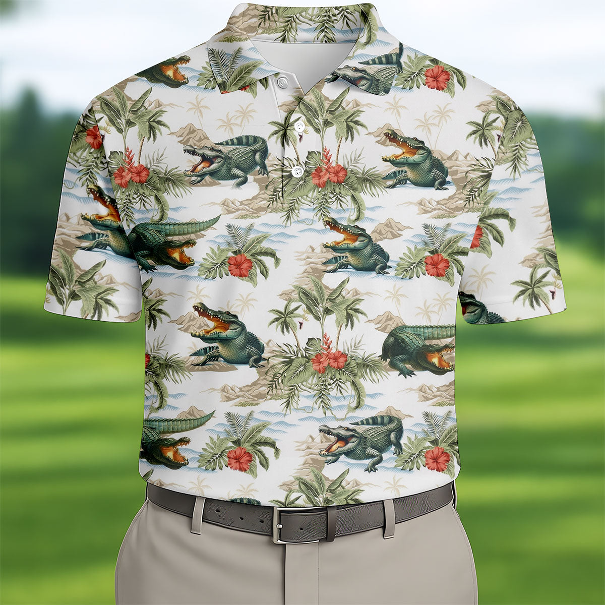 Tropical Coastal Alligator and Hibiscus Pattern Hawaiian Golf Polo, Golf Tops For Men, Golfing Apparel