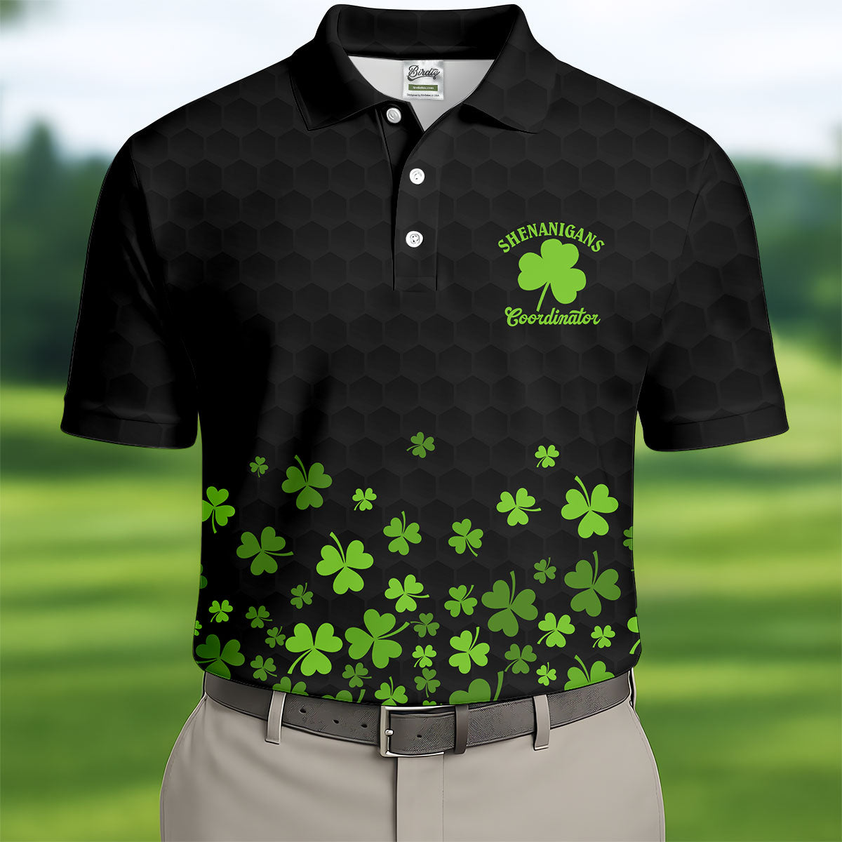 Shenanigans Coordinator Golf Ball Pattern St Patrick Day Black Golf Shirt, Golf Tops For Men, Golf Shirts For Men