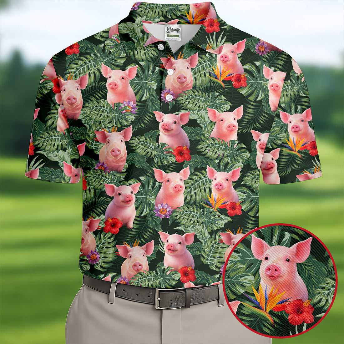 Cute Pig Tropical Monstera Hawaiian Golf Polo Shirt, Hawaiian Golf Shirt, Golf Shirts For Men