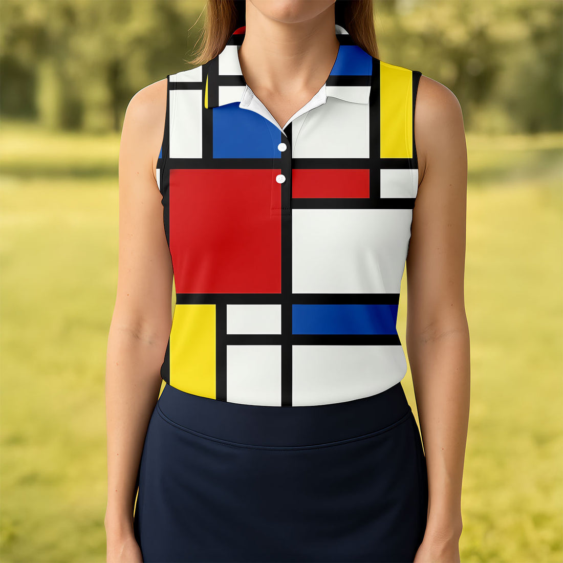 Red Yellow Blue Mondrian Style Vintage Hawaiian Golf Shirt, Women's Golf Tops, Ladies Golf Shirts
