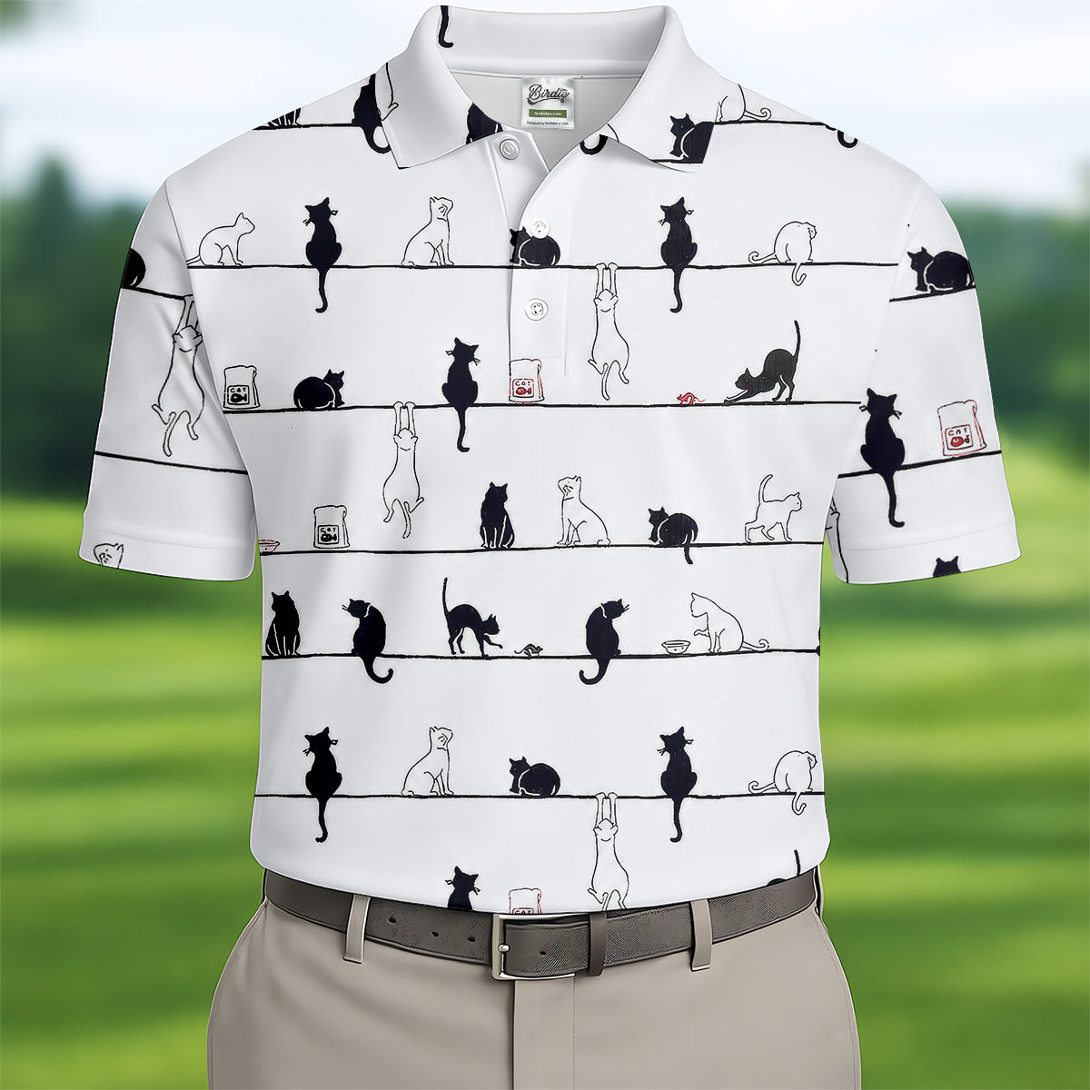 Cute Black and White Cats Pattern Golf Shirt, Men's Golf Shirt, Golf Polo Shirts For Men