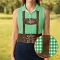 Women's Green Oktoberfest Lederhosen Illusion Sleeveless Golf Polo, Ladies Golf Top, Golf Polo For Women
