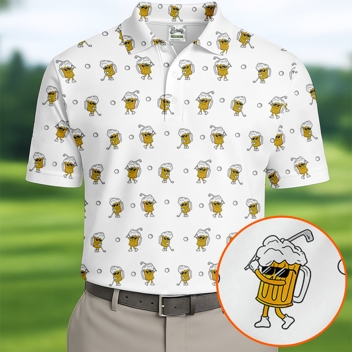 Cartoon Beer Mug Golfer Pattern Golf Polo Shirt, Polo Shirts For Men, Printed Golf Shirts