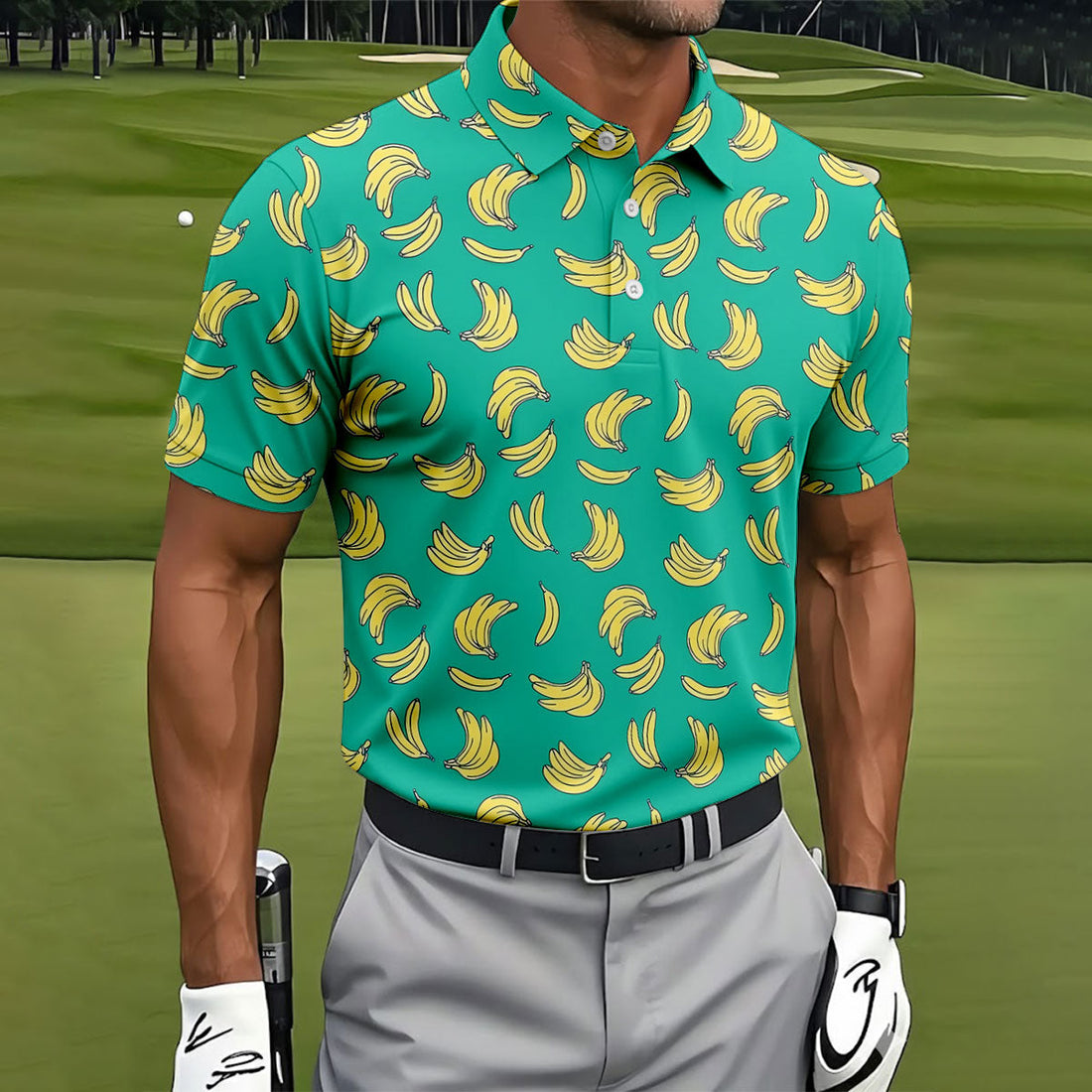 Tropical Banana on Turquoise Background Hawaiian Golf Polo, Golf Tops For Men, Golfing Apparel