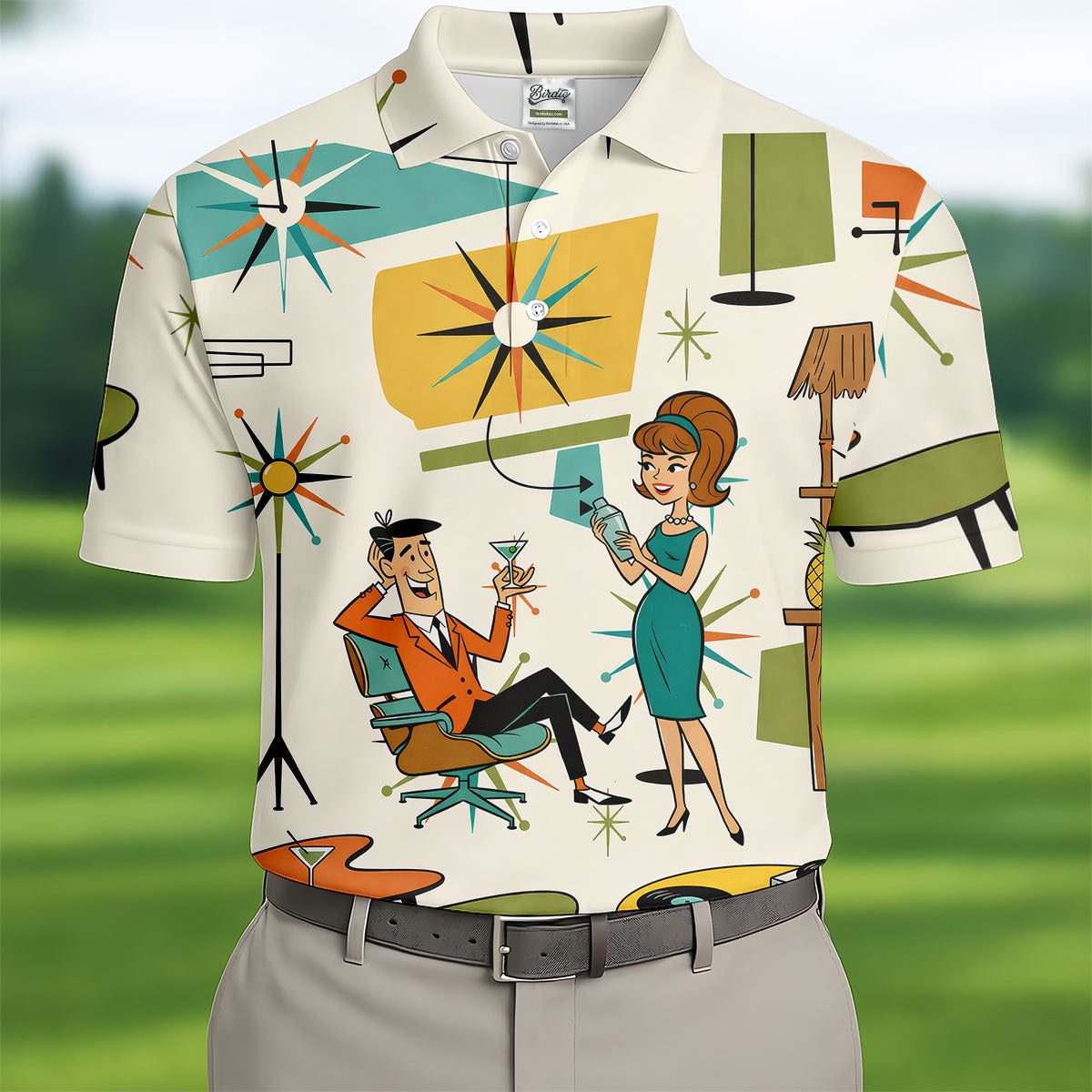 Atomic Cocktail Lounge Retro Hawaiian Golf Shirt, Men's Golf Shirt, Polo Shirts For Men