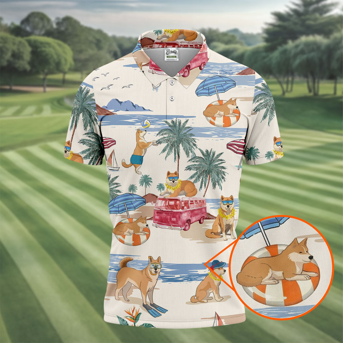 Tropical Shiba Inu Beach Pattern Hawaiian Golf Polo, Golf Tops For Men, Golfing Apparel