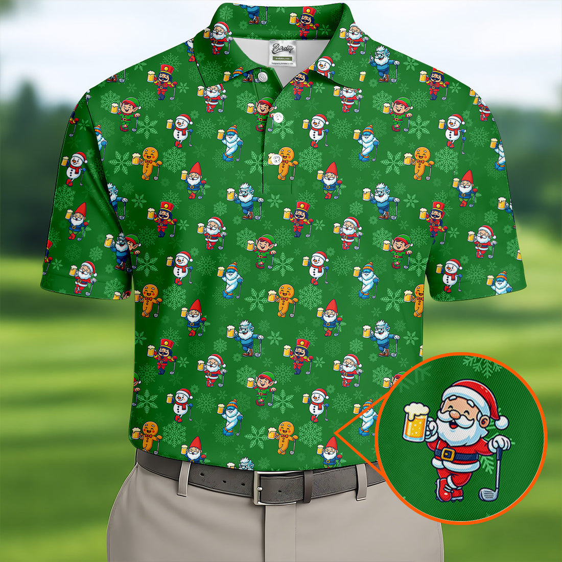 Christmas Characters Golf And Beer Green Men's Funny Golf Shirts, Christmas Golf Shirt, Polo Shirts For Men