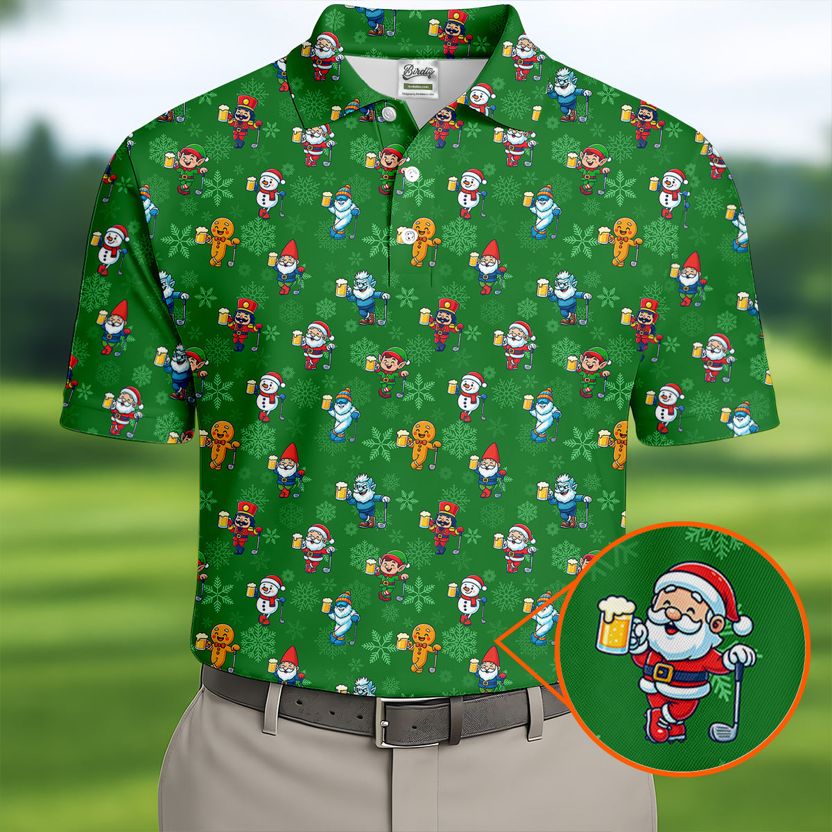 Christmas Characters Golf And Beer Green Men's Funny Golf Shirts, Christmas Golf Shirt, Polo Shirts For Men