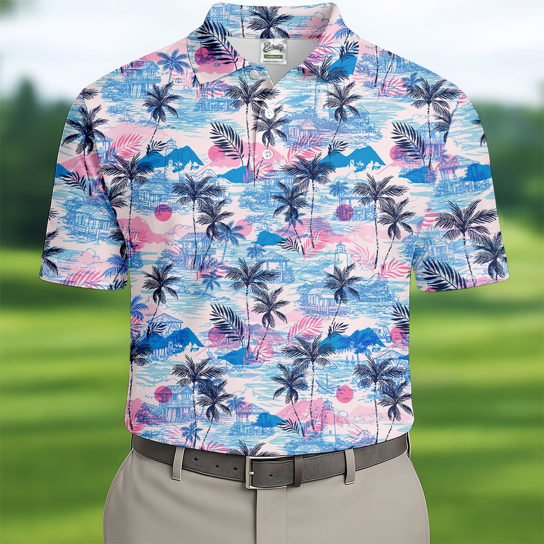 Tropical Island Sunset Pink And Blue Hawaiian Golf Shirt, Polo Shirts For Men, Golfing Apparel