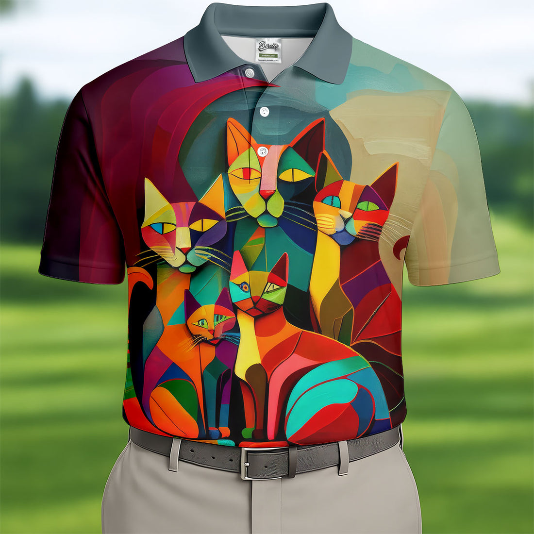 Abstract Colorful Cat Halloween Golf Polo Shirt, Men's Golf Shirt, Hawaiian Golf Shirt