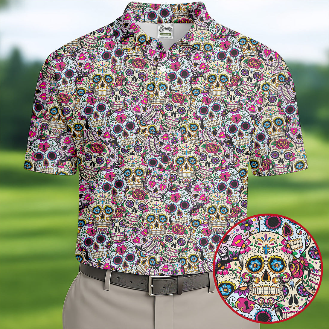 Colorful Sugar Skull Floral Golf Polo Shirt, Hawaiian Golf Shirt, Golf Polo Shirts For Men