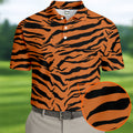 Bold Orange Black Tiger Stripe Animal Print Golf Shirt, Mens Golf Shirts, Golf Apparel For Men