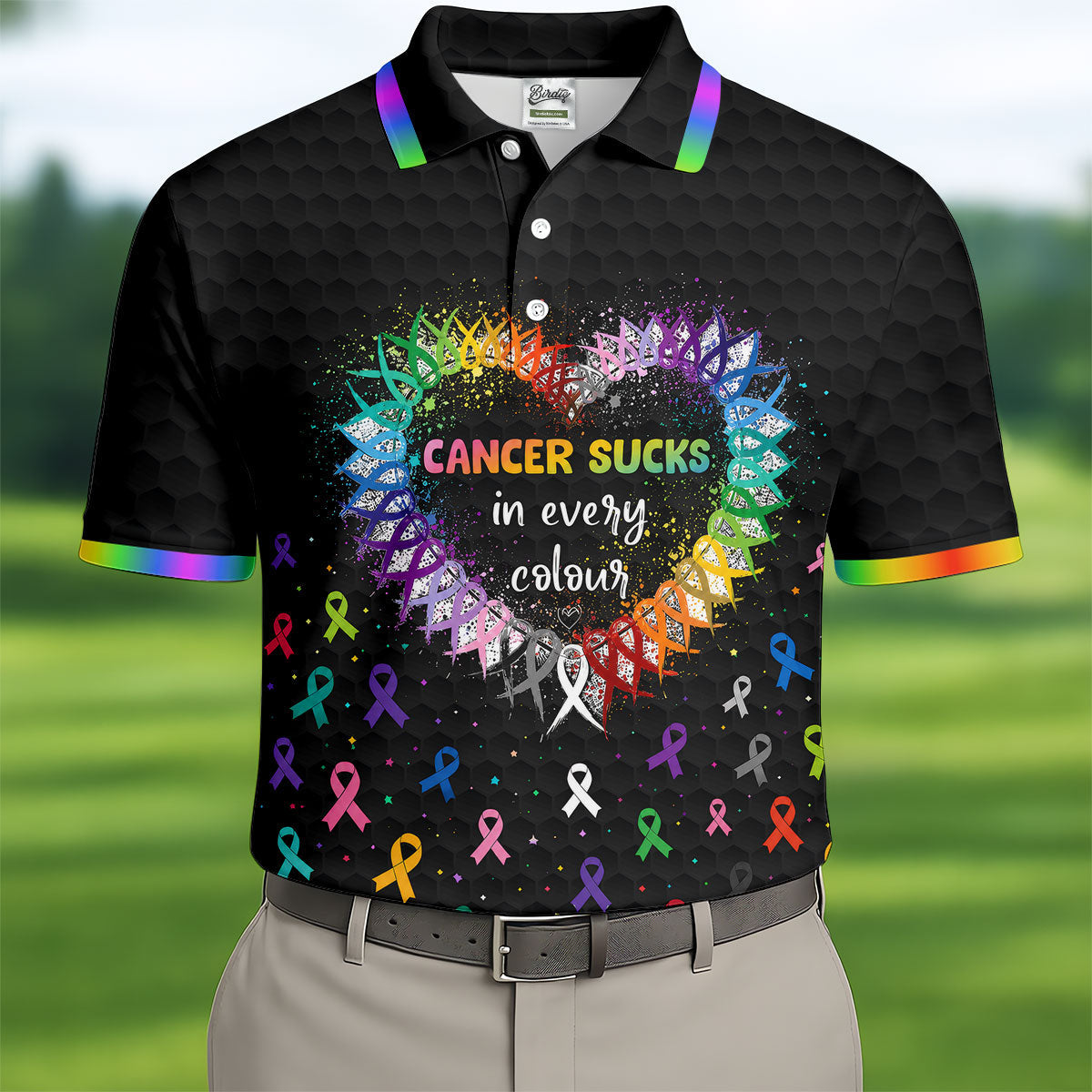 Cancer Sucks In Every Colour Awareness Ribbon Golf Polo Shirt, Mens Golf Apparel