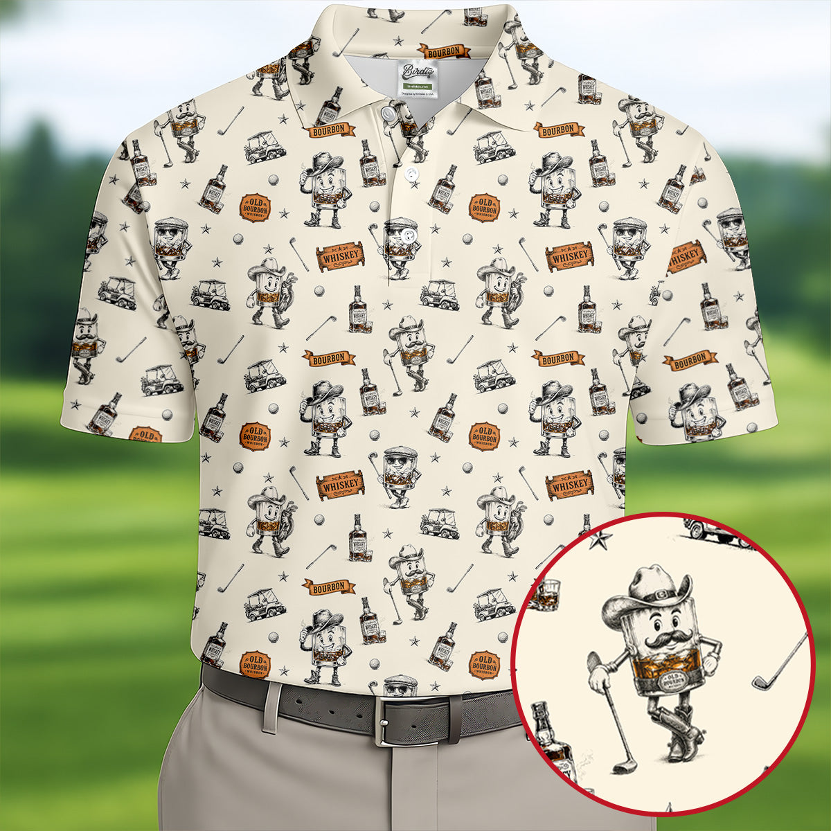 Vintage Bourbon Whiskey Golf Pattern Polo Shirt, Golf Polo Shirts For Men, Mens Golf Apparel