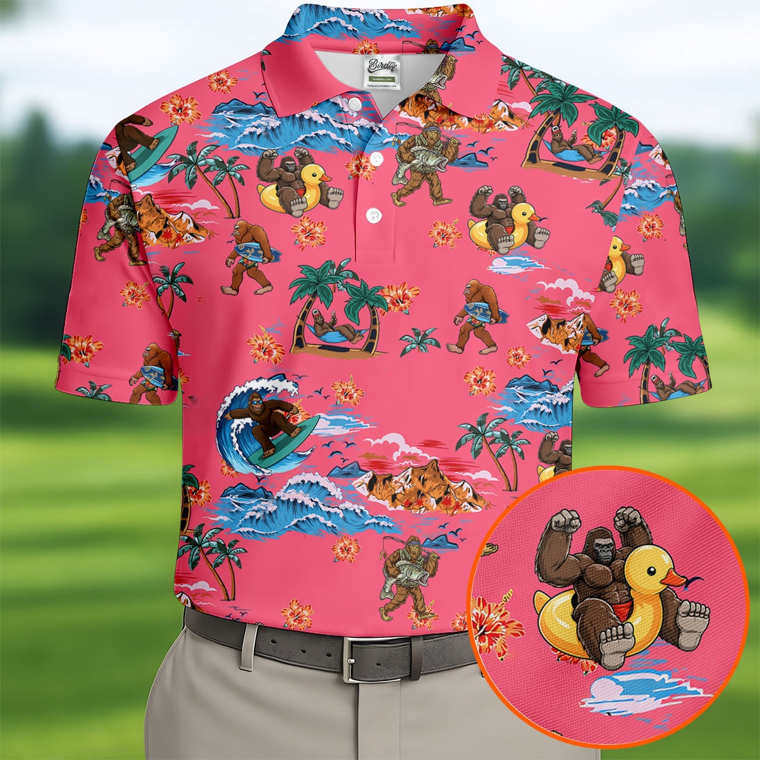 Pink Tropical Bigfoot Hawaiian Golf Polo Shirt, Men's Golf Shirt, Golf Polo Shirts For Men